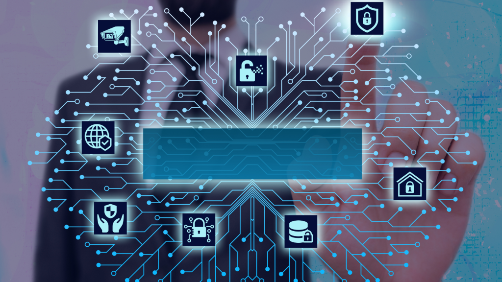 Visualisierung von BYOD und unverwalteten Geräten im Unternehmensnetzwerk mit Icons zu IT-Sicherheit, Zugriffskontrolle, Endpoint-Schutz (BYOD) und Datenmanagement – Symbolbild für Network Access Control (NAC) in Unternehmen