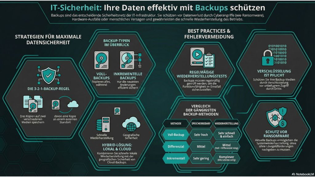 Infografik: Ihre Daten effektiv mit Backups schützen (KI-generiert mit Google NotebookLM)
